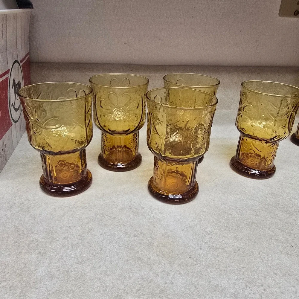 Vintage Amber Glass Tumblers Set of 5 Embossed Floral Footed Mid Century Glasses